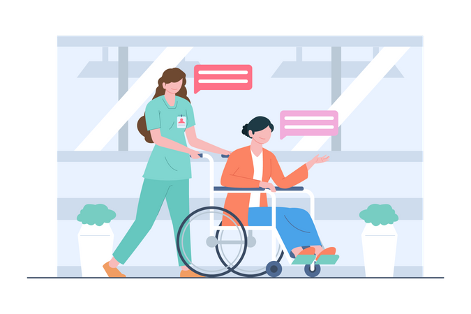 Enfermera ayudando a mujer discapacitada en silla de ruedas  Ilustración
