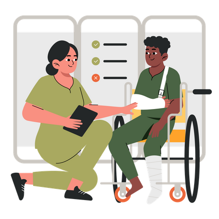 Enfermera ayudando a paciente en silla de ruedas  Ilustración