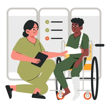 Enfermera ayudando a paciente en silla de ruedas  Ilustración
