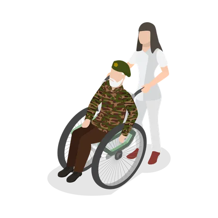 Enfermera ayudando al soldado veterano  Ilustración