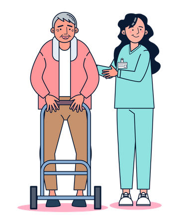 Enfermera ayudando a un anciano a caminar  Ilustración