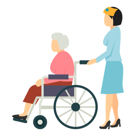 Enfermera ayudando a una anciana con un andador  Ilustración