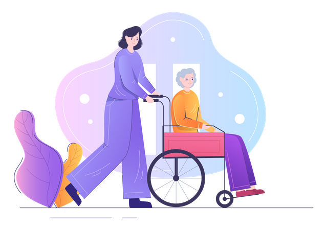 Enfermera ayudando al paciente sentado en silla de ruedas  Ilustración