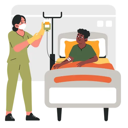 Enfermera cambiando el goteo intravenoso del paciente en el hospital  Ilustración