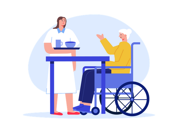 Enfermera dando comida a una mujer discapacitada  Ilustración