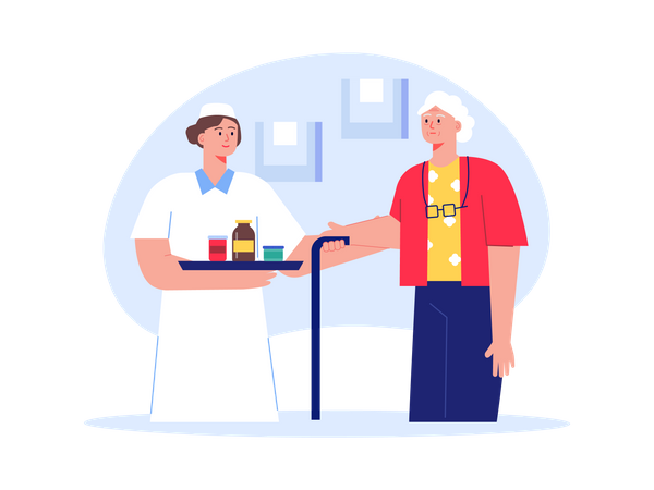 Enfermera dando medicamentos a una anciana  Ilustración