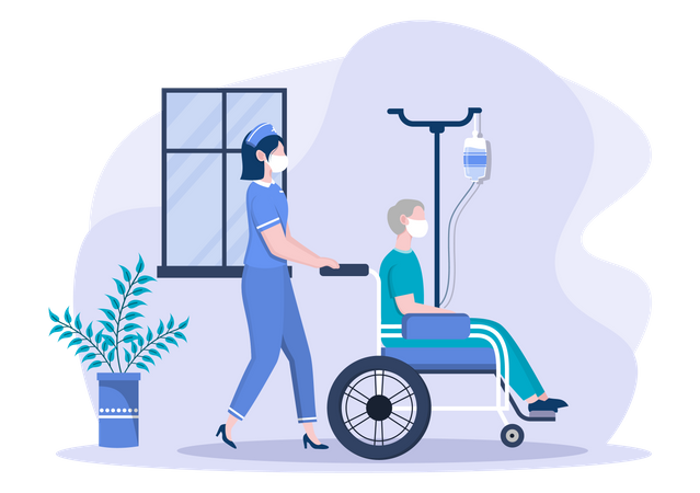 Enfermera empujando al paciente en silla de ruedas  Ilustración
