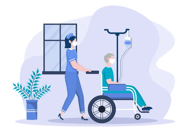 Enfermera empujando al paciente en silla de ruedas  Ilustración