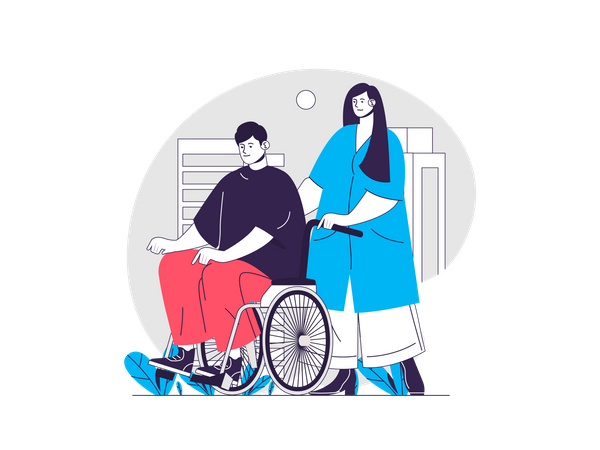 Enfermera empujando silla de ruedas con persona discapacitada  Ilustración