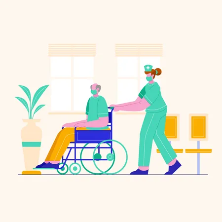 Enfermera empujando la silla de ruedas del paciente  Ilustración