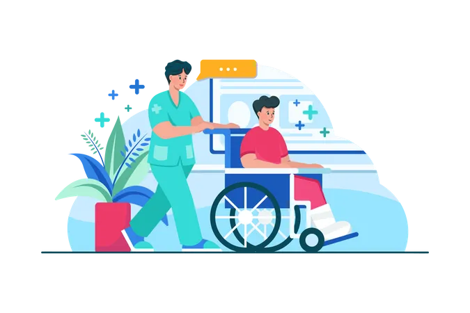Enfermera empujando la silla de ruedas del paciente  Ilustración