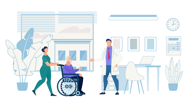 Enfermera empujando a un anciano en silla de ruedas al médico  Ilustración