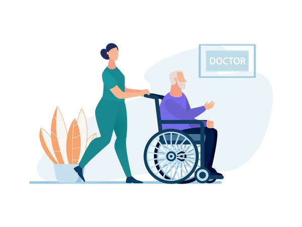 Enfermera empujando a un anciano en silla de ruedas al médico  Ilustración