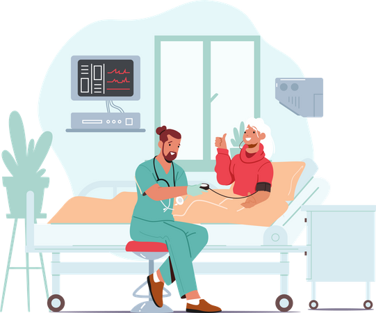 Enfermera midiendo la presión arterial a una anciana acostada en una cama de hospital  Ilustración