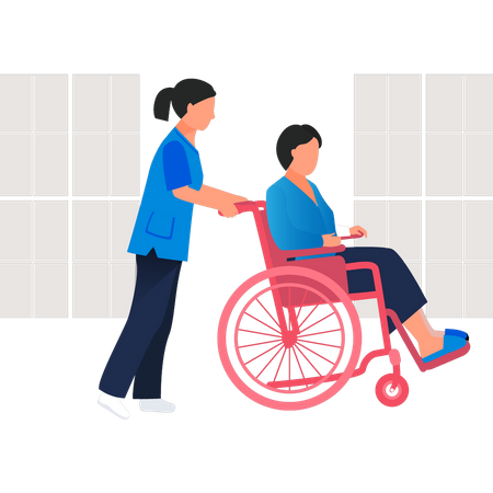 Enfermera transportando paciente en silla de ruedas  Ilustración