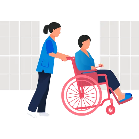 Una Enfermera Transporta A Un Paciente En Silla De Ruedas Ilustración