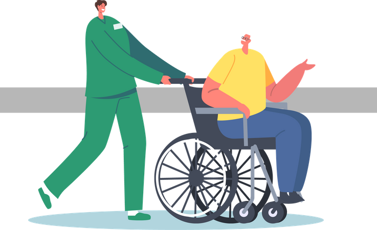Enfermero ayudando a un anciano discapacitado  Ilustración