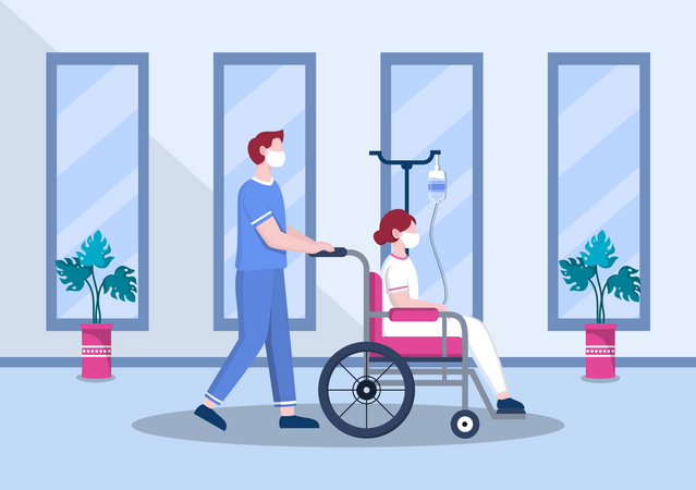 Enfermero ayudando al paciente en silla de ruedas  Ilustración