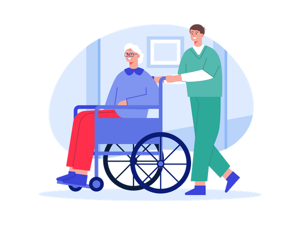 Enfermero empujando la silla de ruedas de una anciana  Ilustración
