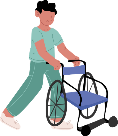 Enfermero empujar silla de ruedas  Ilustración