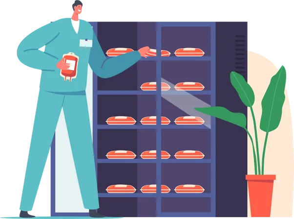 Enfermero poniendo bolsas de plástico con sangre en el refrigerador  Ilustración