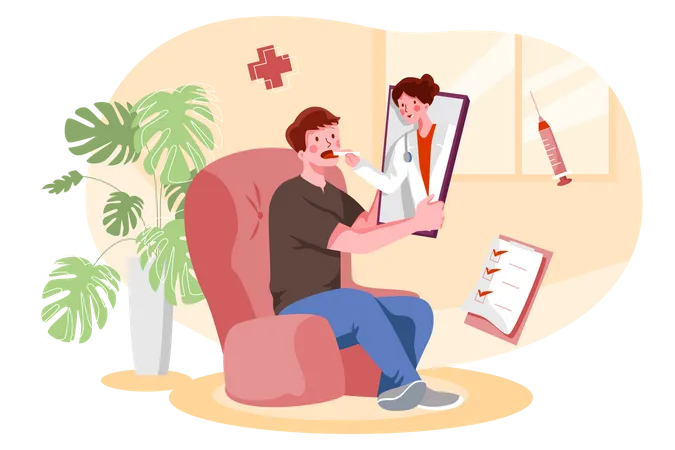 Hombre enfermo tomando consulta de salud en línea  Ilustración