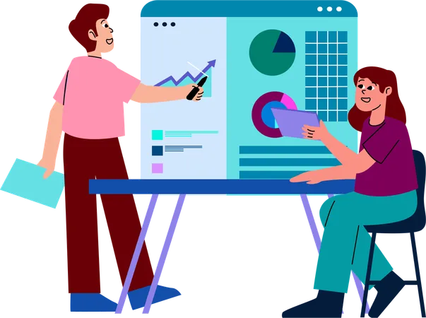 A Lively Presentation Scene With A Man Gesturing Towards Digital Data Charts Engaging With His Colleague In A Vibrant Office Environment Illustration