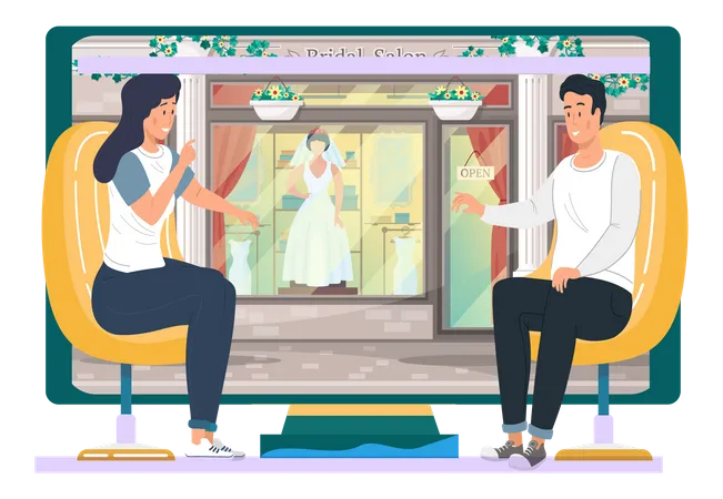 Engaged couple look at window of boutique store Illustration