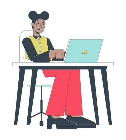Engaged Office Worker Female 2 D Linear Cartoon Character African American Happy Woman Typing Laptop Isolated Line Vector Person White Background Workspace Sitting Color Flat Spot Illustration Illustration