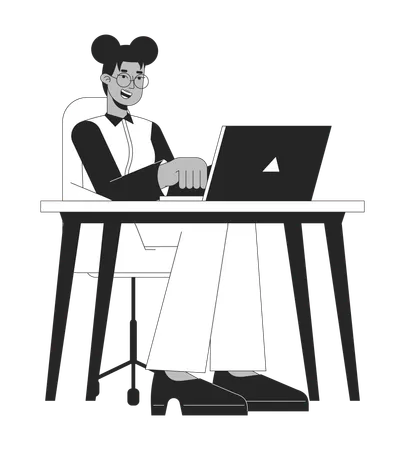 Engaged Office Worker Female Black And White 2 D Line Cartoon Character African American Woman Typing Laptop Isolated Vector Outline Person Workspace Sitting Monochromatic Flat Spot Illustration Illustration