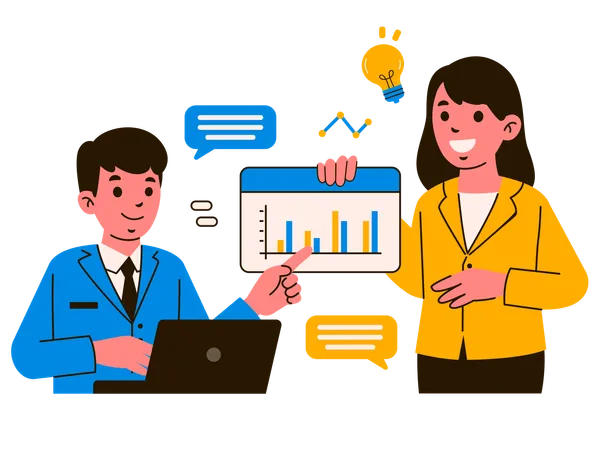 In A Vivid Corporate Setting A Male And Female Professional Discuss Business Strategies Using A Tablet Displaying Colorful Bar Graphs Illustration