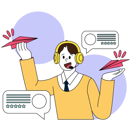 Animated Customer Service Representative Energetically Gathers Feedback Using Various Digital Tools Emphasizing Interactive Customer Support Illustration
