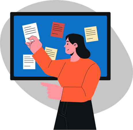 Engaging Presentation in  Classroom Setting Featuring  Focused Female Instructor with Notes on  Bulletin Board  Illustration