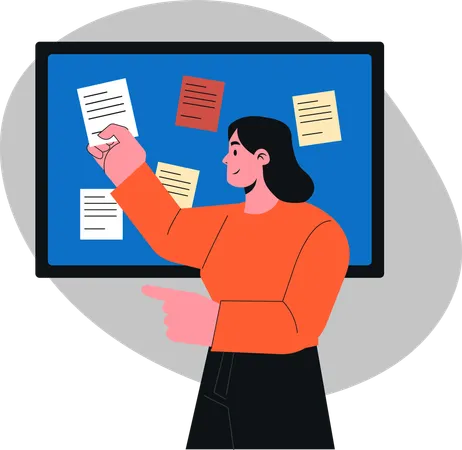 Engaging Presentation in  Classroom Setting Featuring  Focused Female Instructor with Notes on  Bulletin Board  Illustration