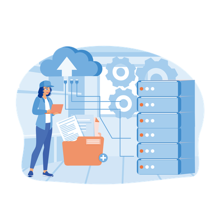 Engenheira de tecnologia trabalhando no data center  Ilustração