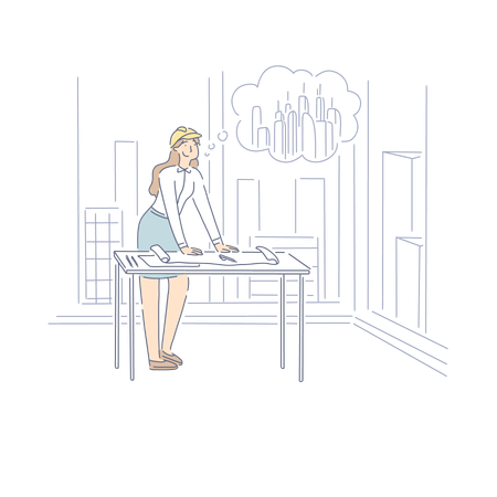 Engenheira sonhando em construir um arranha-céu na cidade  Ilustração