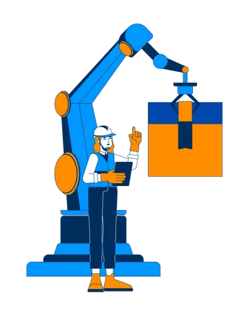 Engenheira supervisionando braço robótico de embalagem  Ilustração