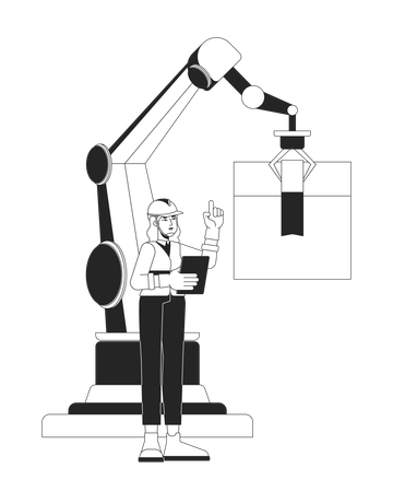 Engenheira supervisionando braço robótico de embalagem  Ilustração