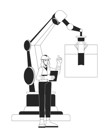 Engenheira supervisionando braço robótico de embalagem  Ilustração