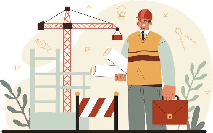 Engenheiro civil no canteiro de obras com projeto de plano  Ilustração