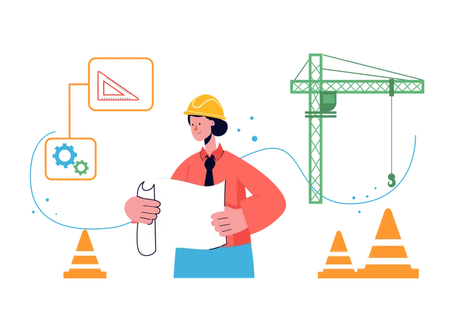 Engenheiro civil segurando o plano do projeto e trabalhando nele  Ilustração