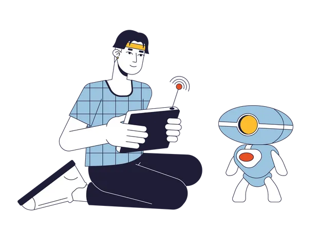 Engenheiro De Robotica Conceito De Linha Plana Ilustracao Vetorial Homem Com Console Sem Fio Testando Robo Personagem De Contorno De Desenho Animado 2 D Em Branco Para Design De UI Web Imagem De Heroi De Cor Isolada Editavel Ilustração