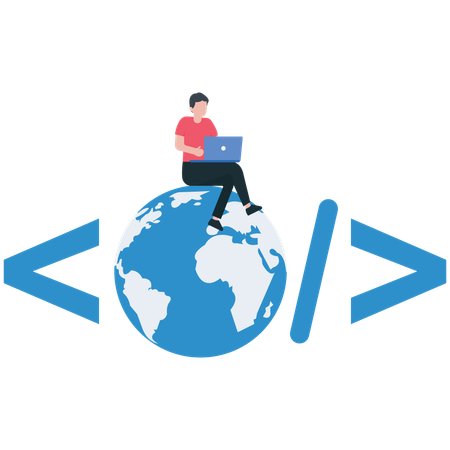 Engenheiro de software codificando em laptop sentado no globo com símbolo de codificação  Ilustração