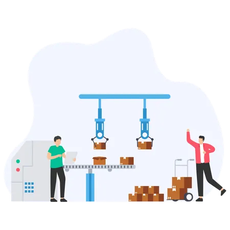 Equipe de engenheiros verificando o processo de automação de embalagens  Ilustração