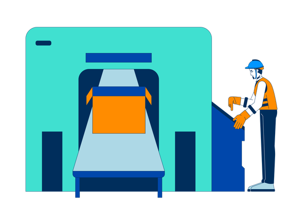 Engenheiro inspecionando sistema transportador de caixa de embalagem  Ilustração