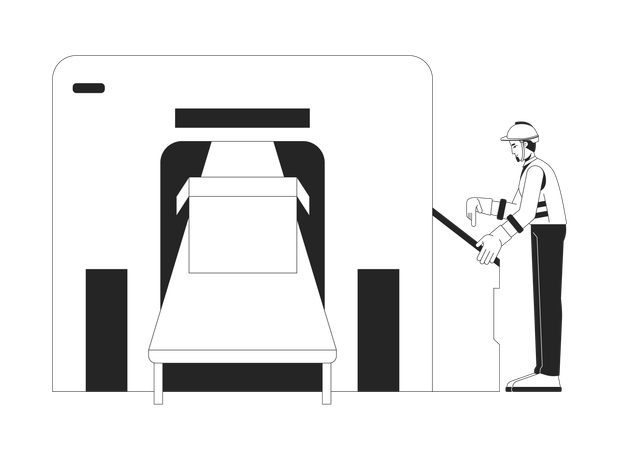 Engenheiro inspecionando sistema transportador de caixa de embalagem  Ilustração