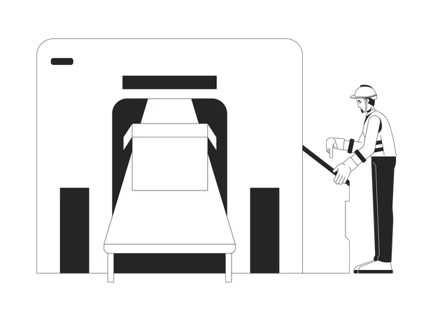 Engenheiro inspecionando sistema transportador de caixa de embalagem  Ilustração