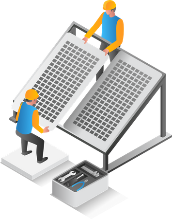 Engenheiro instalando painéis solares  Ilustração