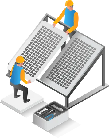 Engenheiro instalando painéis solares  Ilustração