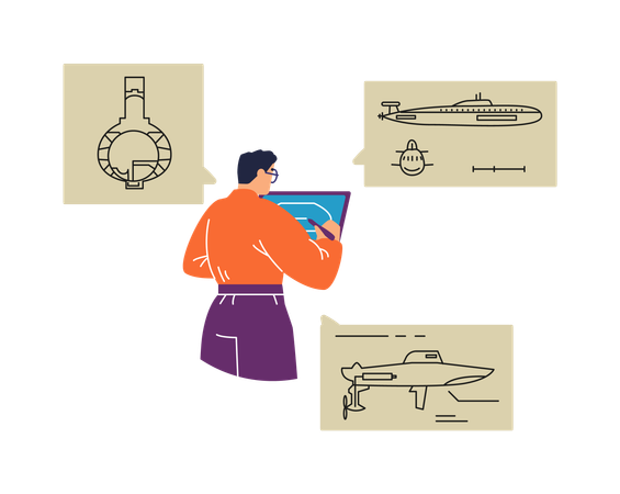 Engenheiro naval trabalhando em desenhos de submarino  Ilustração